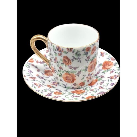 Demitasse Teacup & Saucer By Norcrest CF351 Red Rose Gold Trim Expresso Vintage - Picture 10 of 11